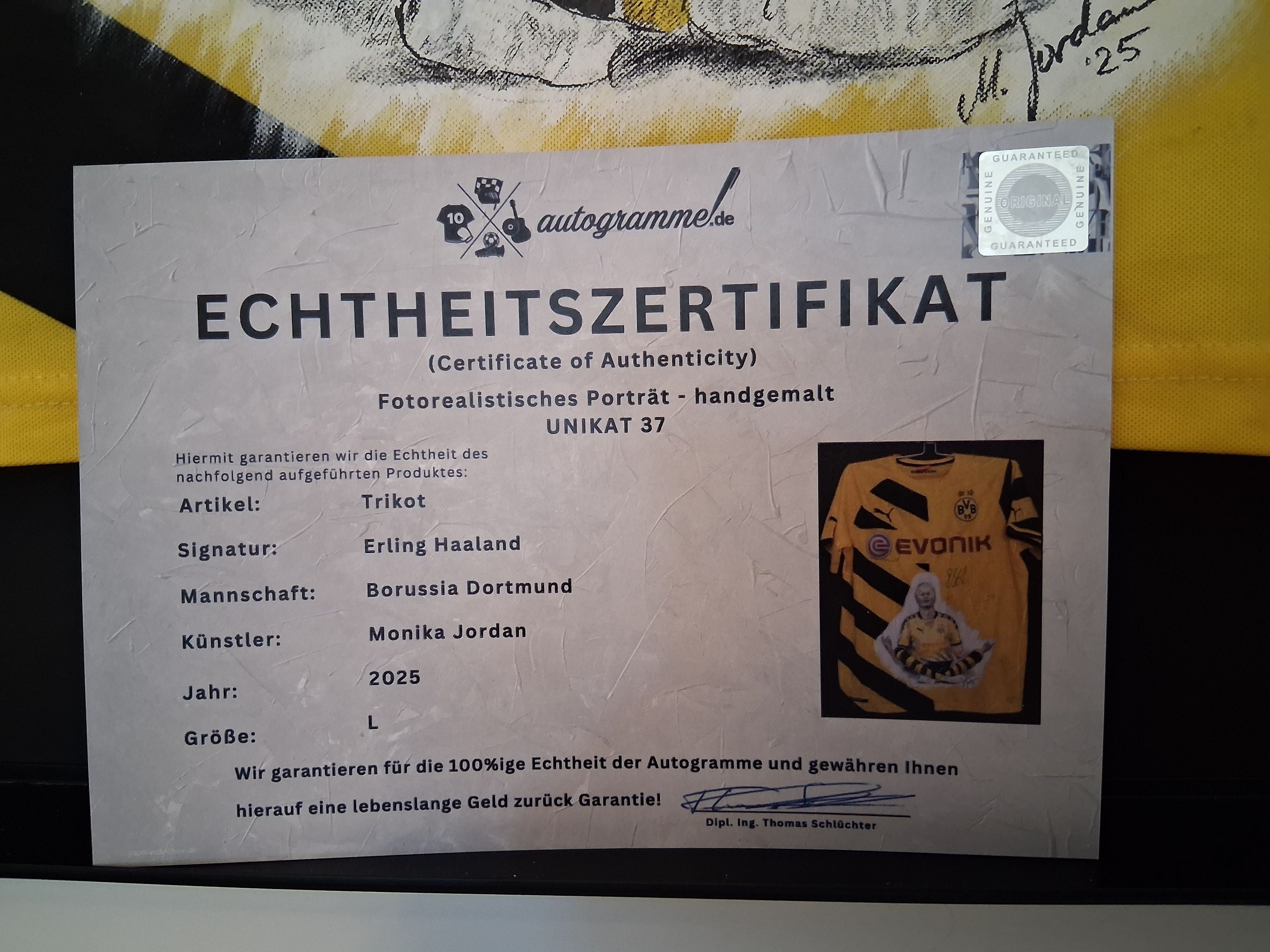 Borussia Dortmund Trikot Portrait Erling Haaland handgemalt und signiert Puma L