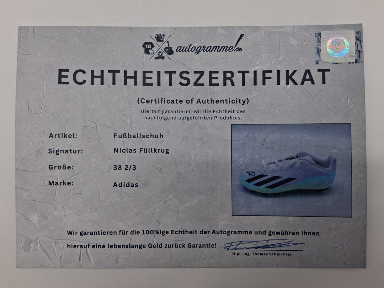 Football boots signed by Niclas Füllkrug, Bundesliga brand, Adidas size 38 2/3