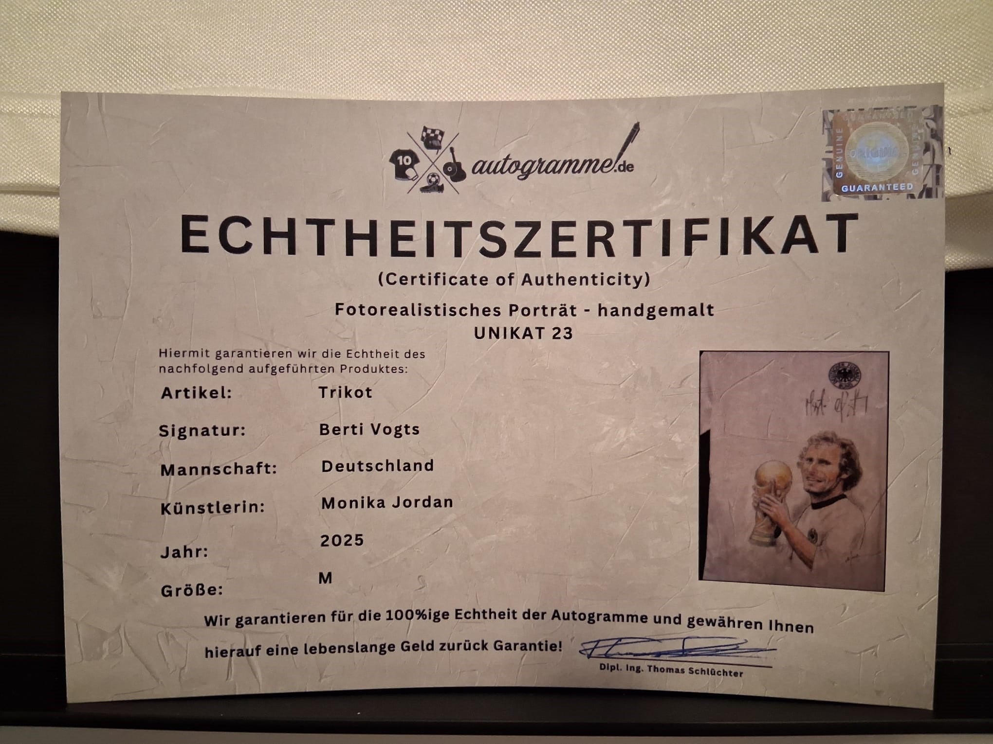 DFB jersey portrait Berti Vogts hand painted and signed in the frame M