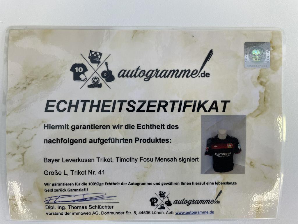 Bayer Leverkusen Trikot Timothy Fosu-Mensah signiert Autogramm Fußball COA Jako L