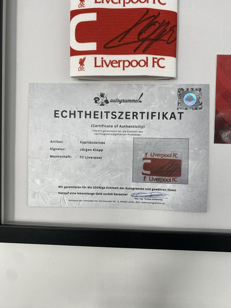 Kapitänsbinde Jürgen Klopp signiert im Rahmen FC Liverpool Autogramm Fußball COA