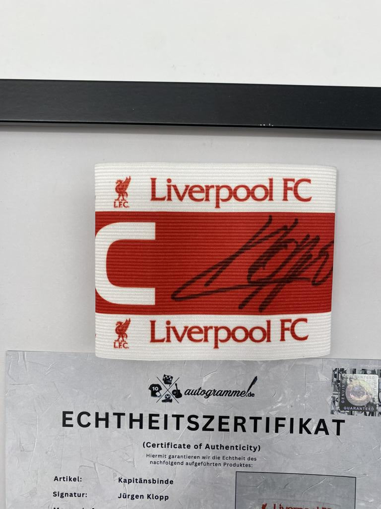Kapitänsbinde Jürgen Klopp signiert im Rahmen FC Liverpool Autogramm Fußball COA