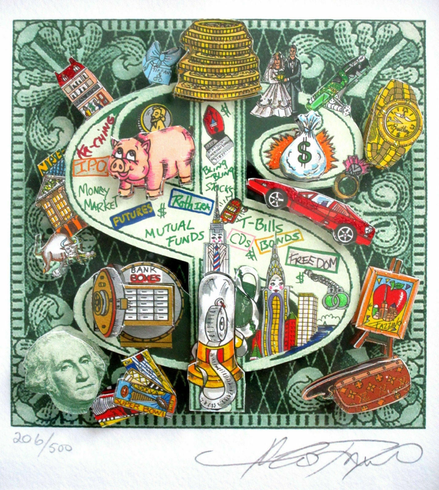 Charles Fazzino "Ka Ching" "Dollar" limitiert, signiert 3D Kunstdruck