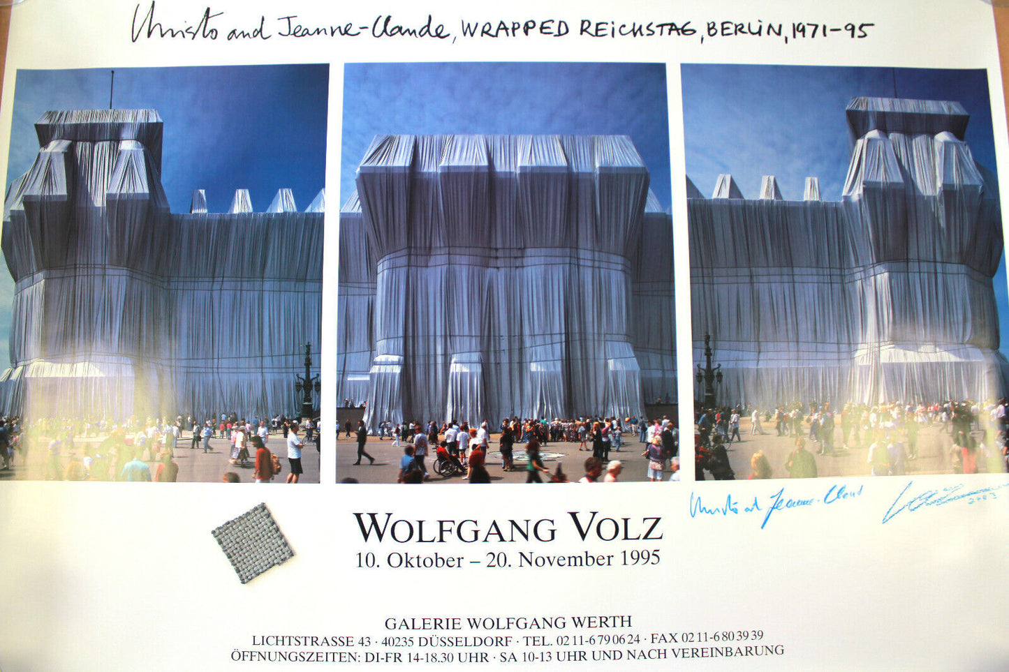Christo und Jeanne Claude handsignierter Kunstdruck + Original Stoff vom Reichstag