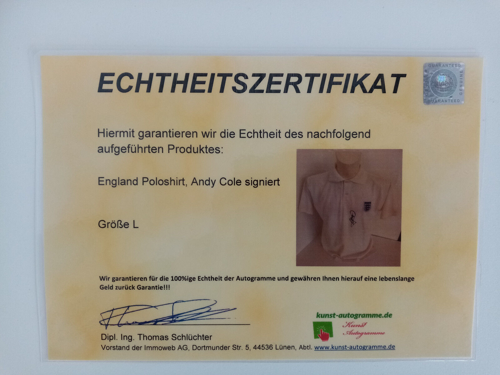 England Poloshirt Andy Cole signiert Autogramm Fußball Three Lions COA Trikot L