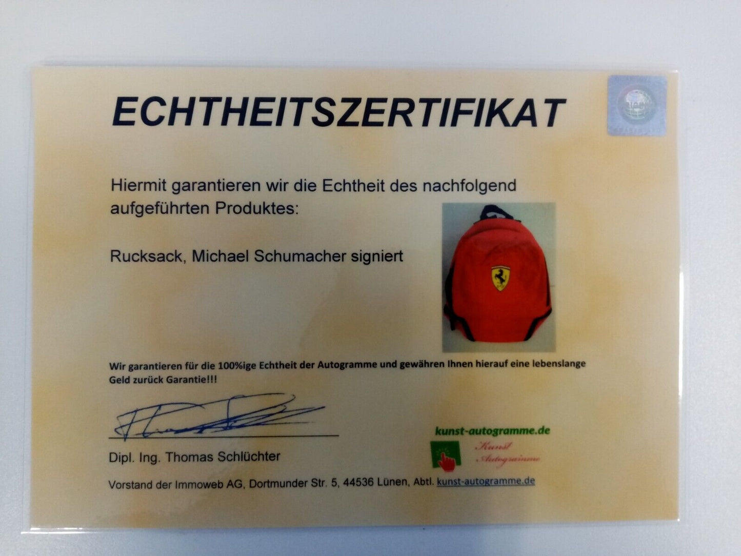 Rucksack Michael Schumacher signiert Formel 1 Ferrari Schumi COA Neu Autogramm