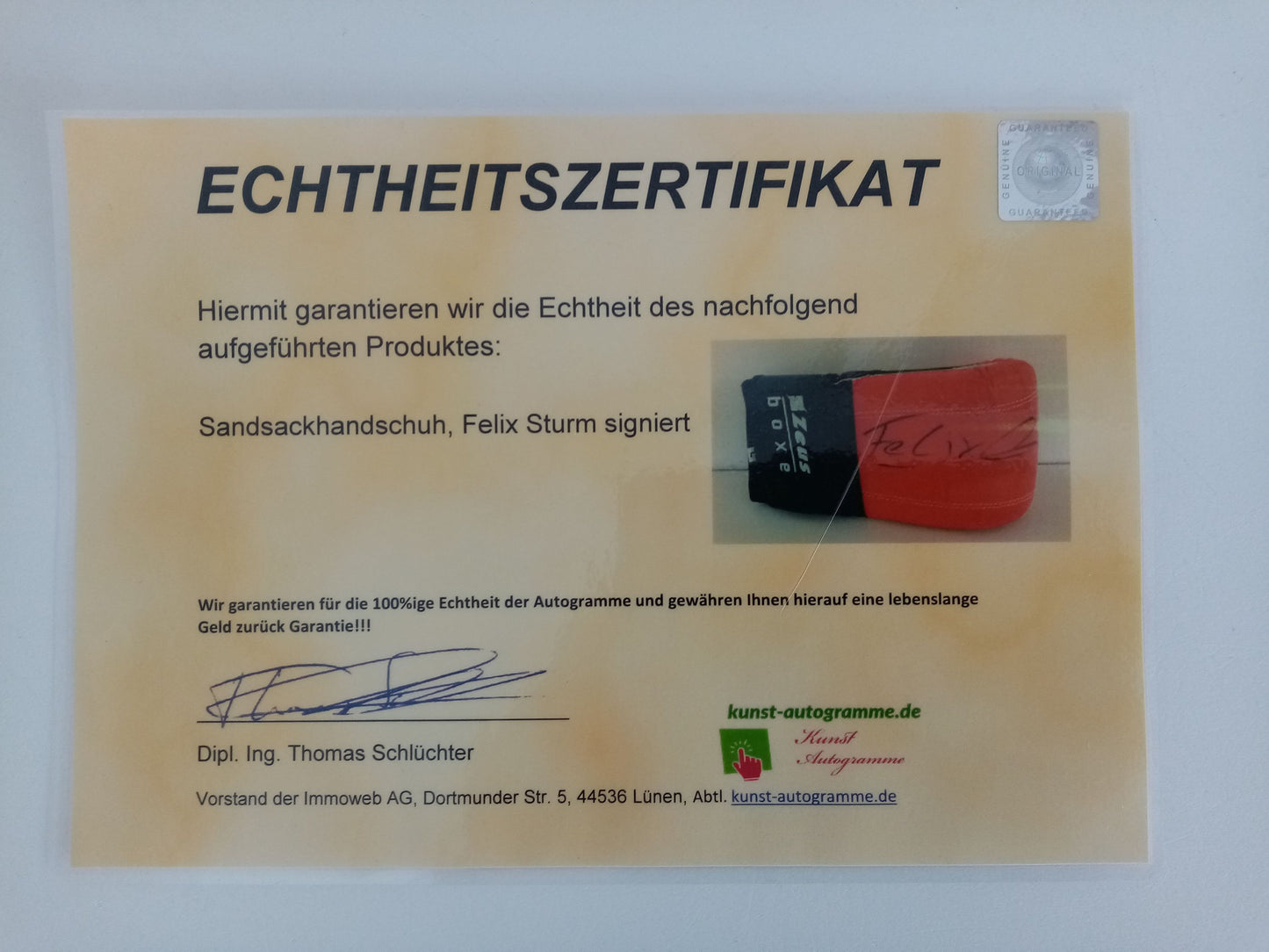 Sandsackhandschuh Felix Sturm signiert Autogramm Unterschrift Boxen Neu COA