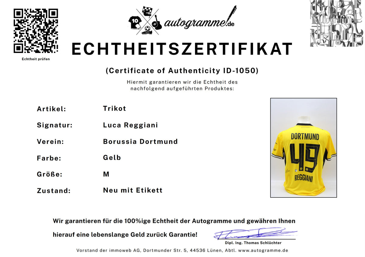 Borussia Dortmund Trikot Luca Reggiani signiert Autogramm zertifiziert M