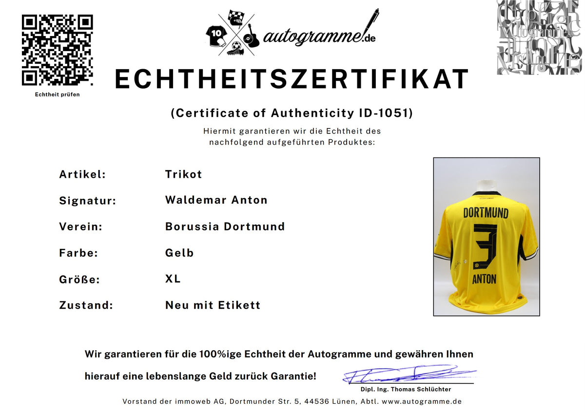 Borussia Dortmund Trikot Waldemar Anton signiert Autogramm zertifiziert XL