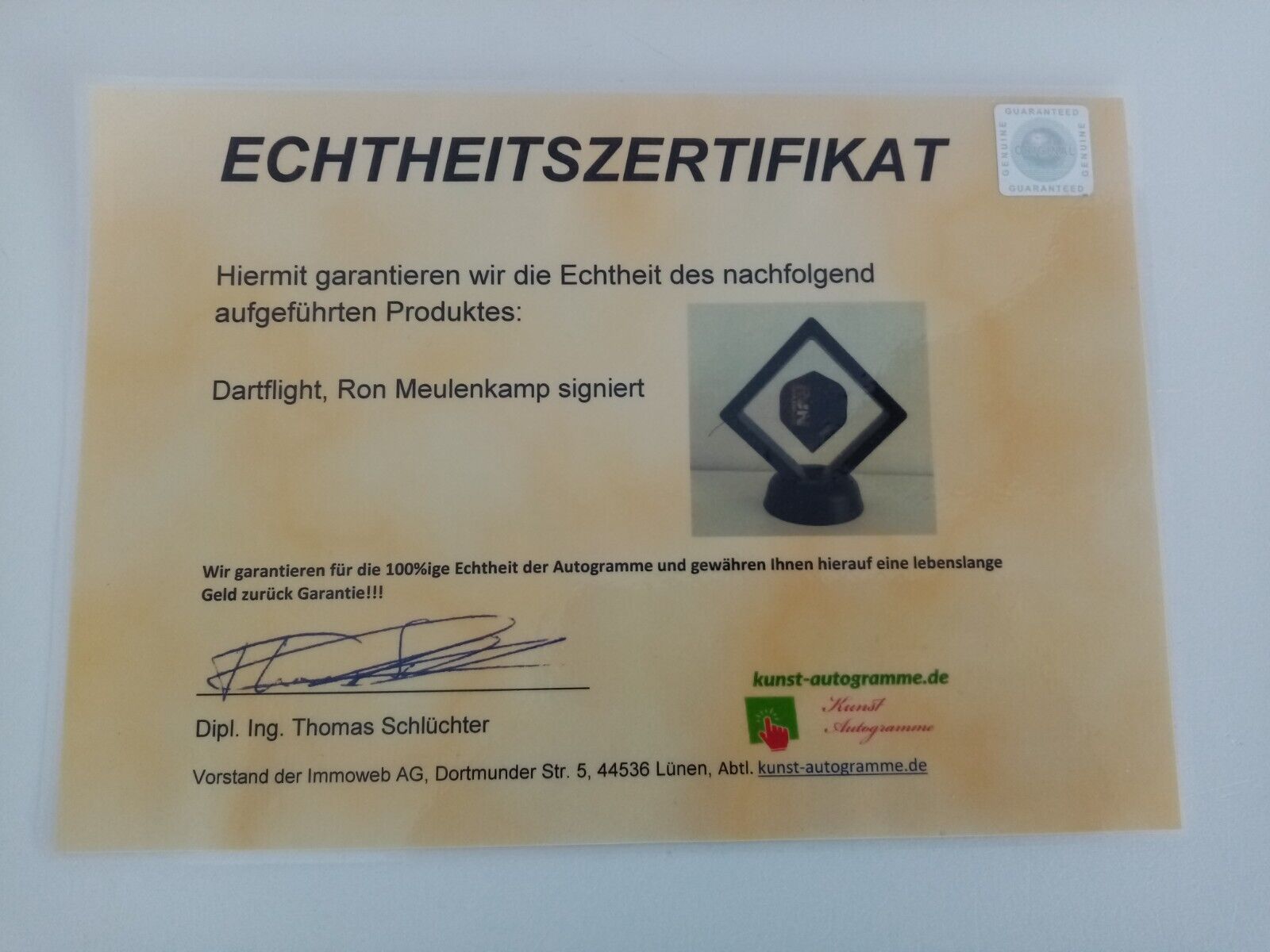 Dartflight ron Meulenkamp signed darts coa new flight