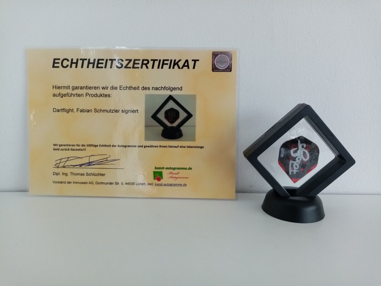 Dartflight Fabian Schmutzler signed darts coa new flight