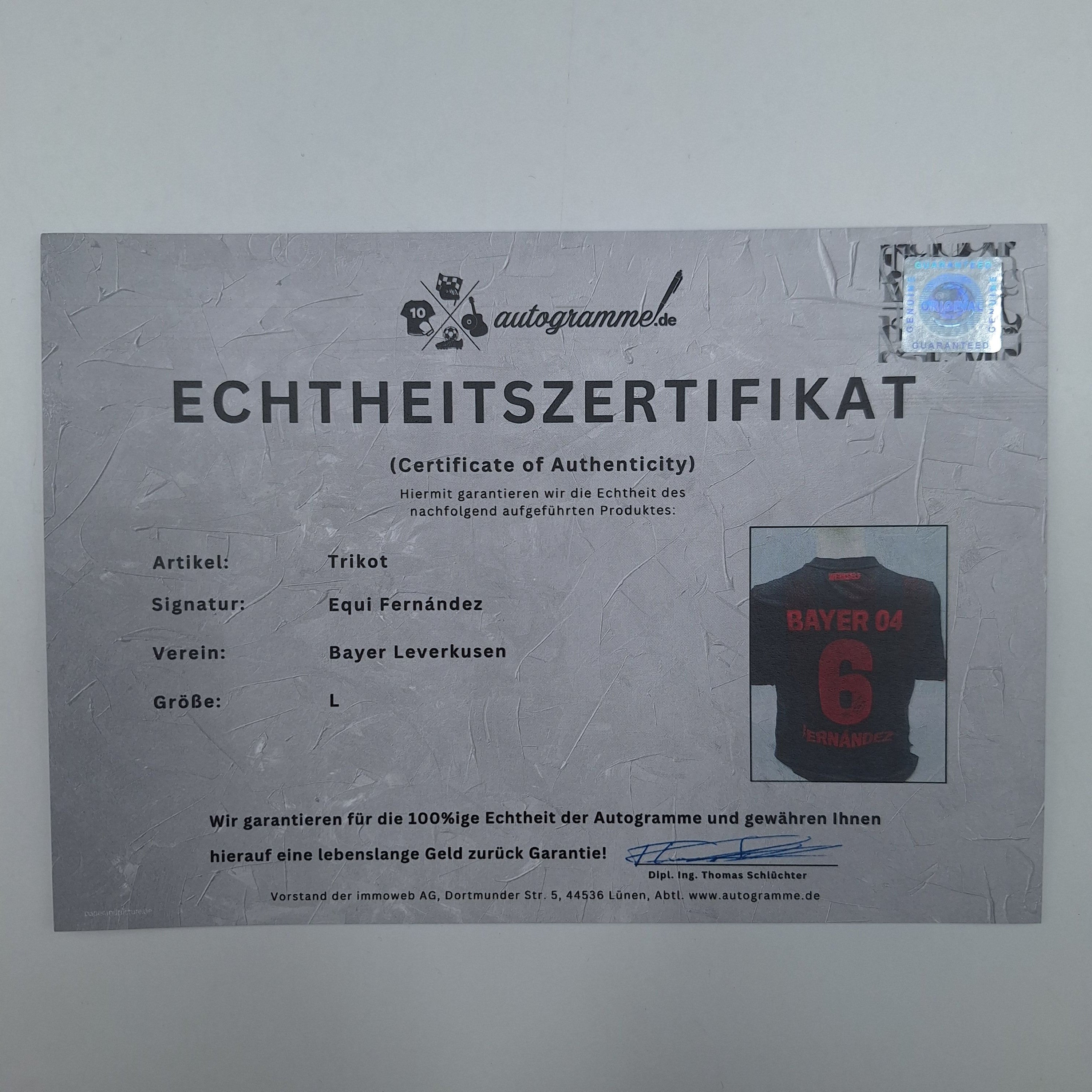 Bayer Leverkusen Trikot Equi Fernandez signiert New Balance COA Autogramm L
