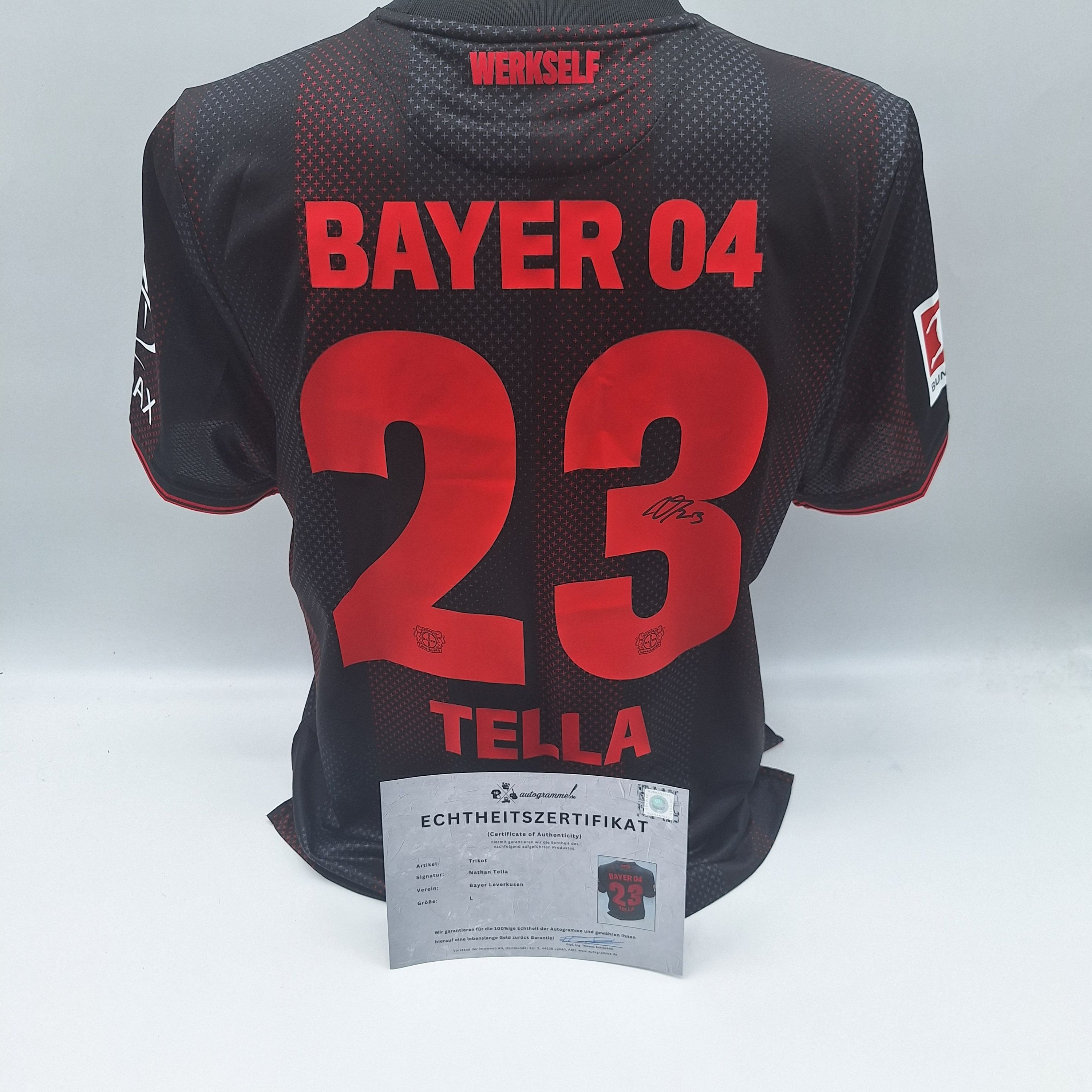 Bayer Leverkusen Trikot Nathan Tella  signiert New Balance COA Autogramm L