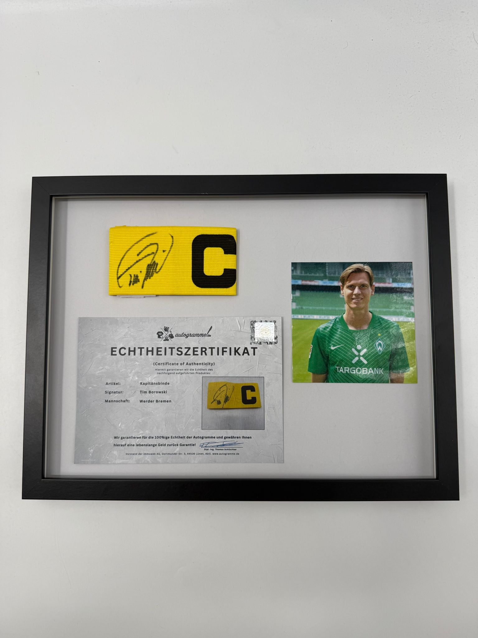 Kapitänsbinde Tim Borowski signiert im Rahmen Werder Bremen COA Fußball