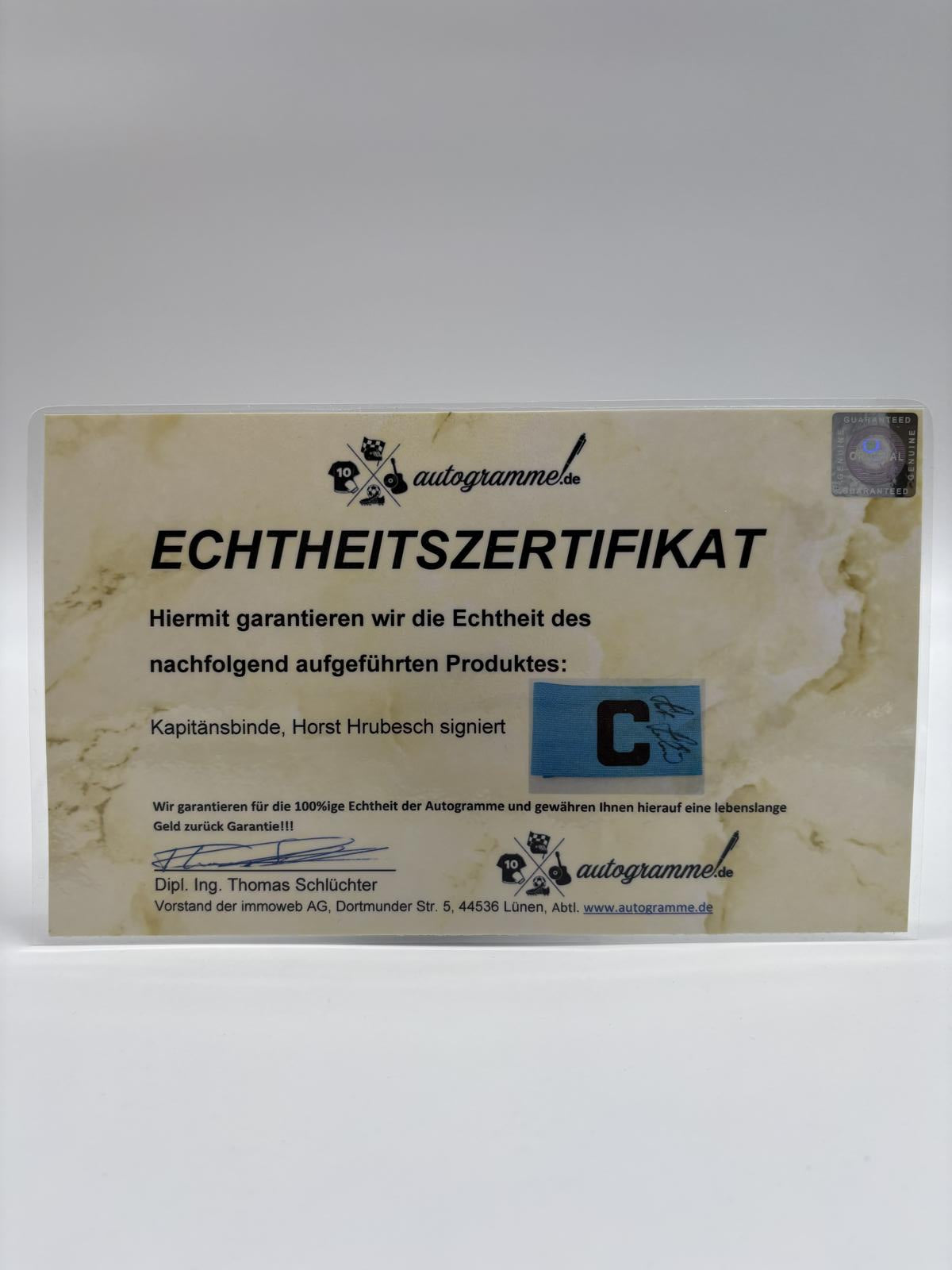 Captain's armband Horst Hrubesch signed in the frame DFB football autograph COA