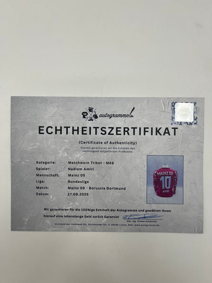 Match-worn Mainz jersey worn and signed by Nadiem Amiri on September 27, 2025