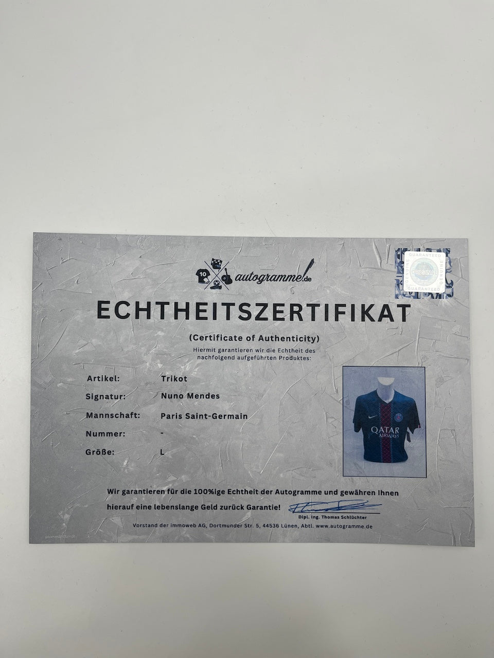 PSG Trikot Nuno Mendes signiert Autogramm Nike COA L