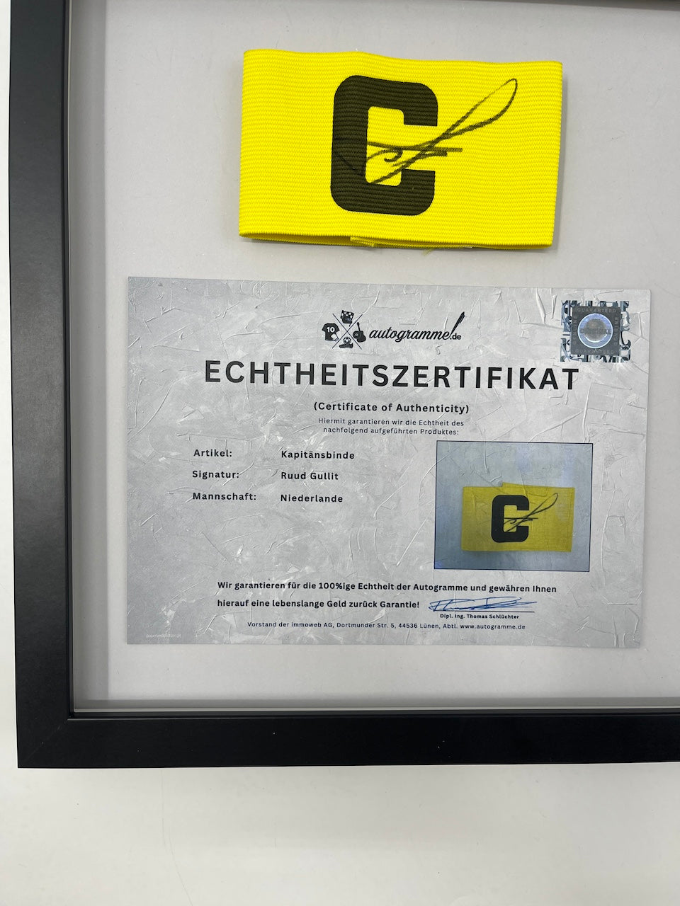 Captain's armband signed by Ruud Gullit in a frame Netherlands COA