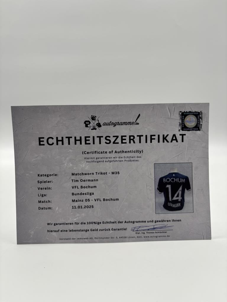 Matchworn VfL Bochum Trikot getragen & signiert von Tim Oermann Mainz-Bochum