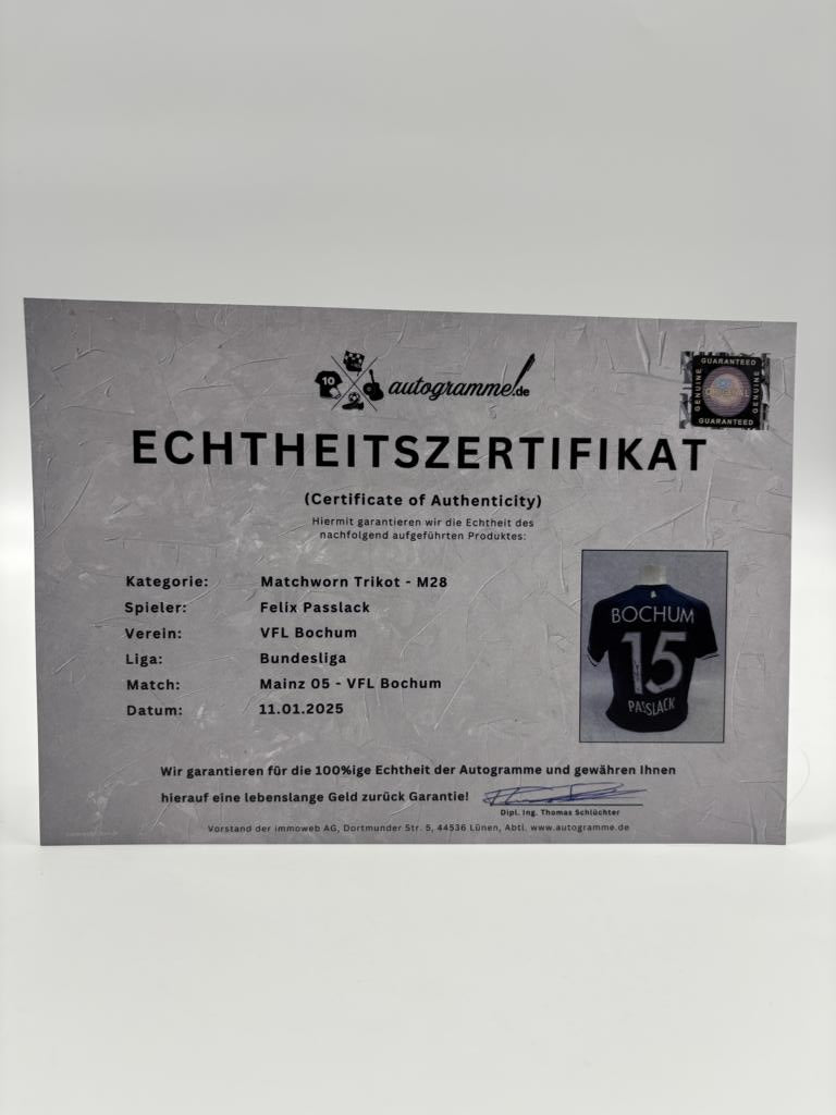 Matchworn VfL Bochum Trikot getragen & signiert von Felix Passlack Mainz-Bochum