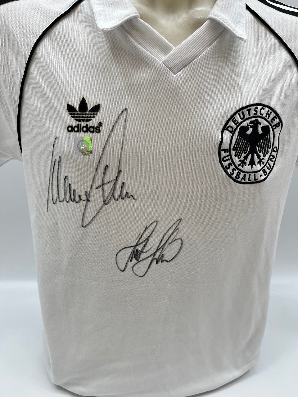 DFB Repro Jersey Klaus Fischer &amp; Horst Hrubesch signed Adidas COA M