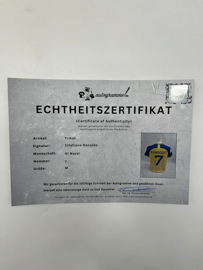 Al Nassr FC jersey signed by Cristiano Ronaldo, autograph COA M