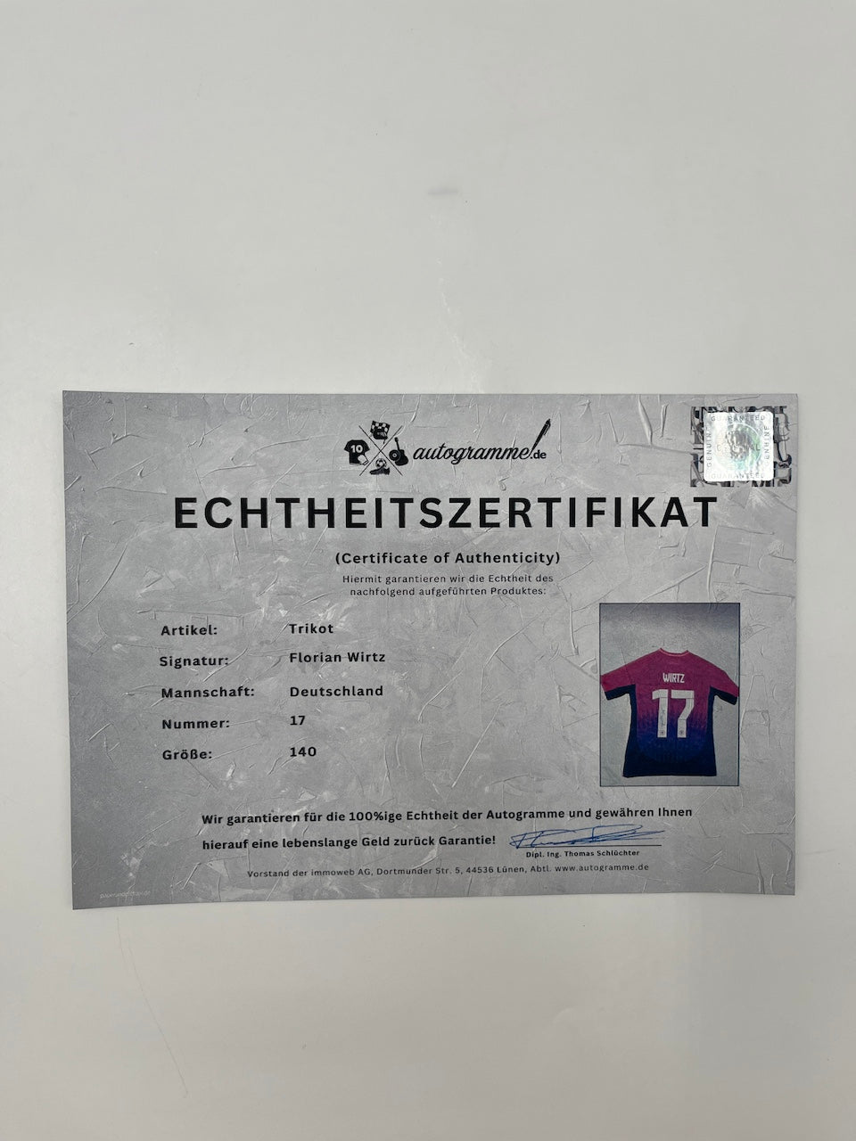 Deutschland Trikot Florian Wirtz signiert im Rahmen DFB COA Adidas 140