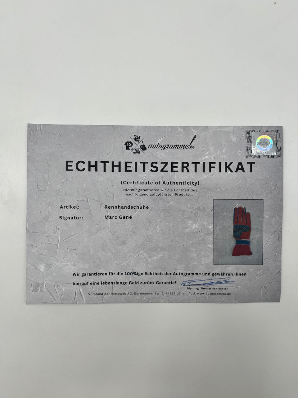 Marc Gene signierter Rennhandschuh Formel 1