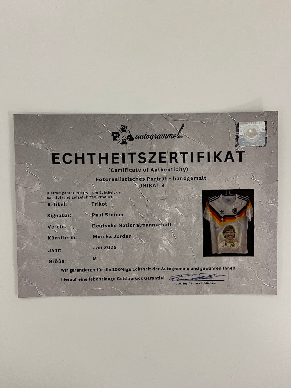 DFB Trikot Portrait Paul Steiner Weltmeister 1990 handgemalt und signiert Adidas M