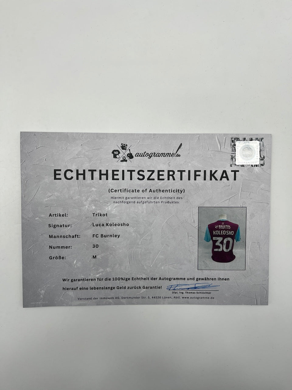 FC Burnley Trikot Luca Koleosho signiert Autogramm Fußball England COA M