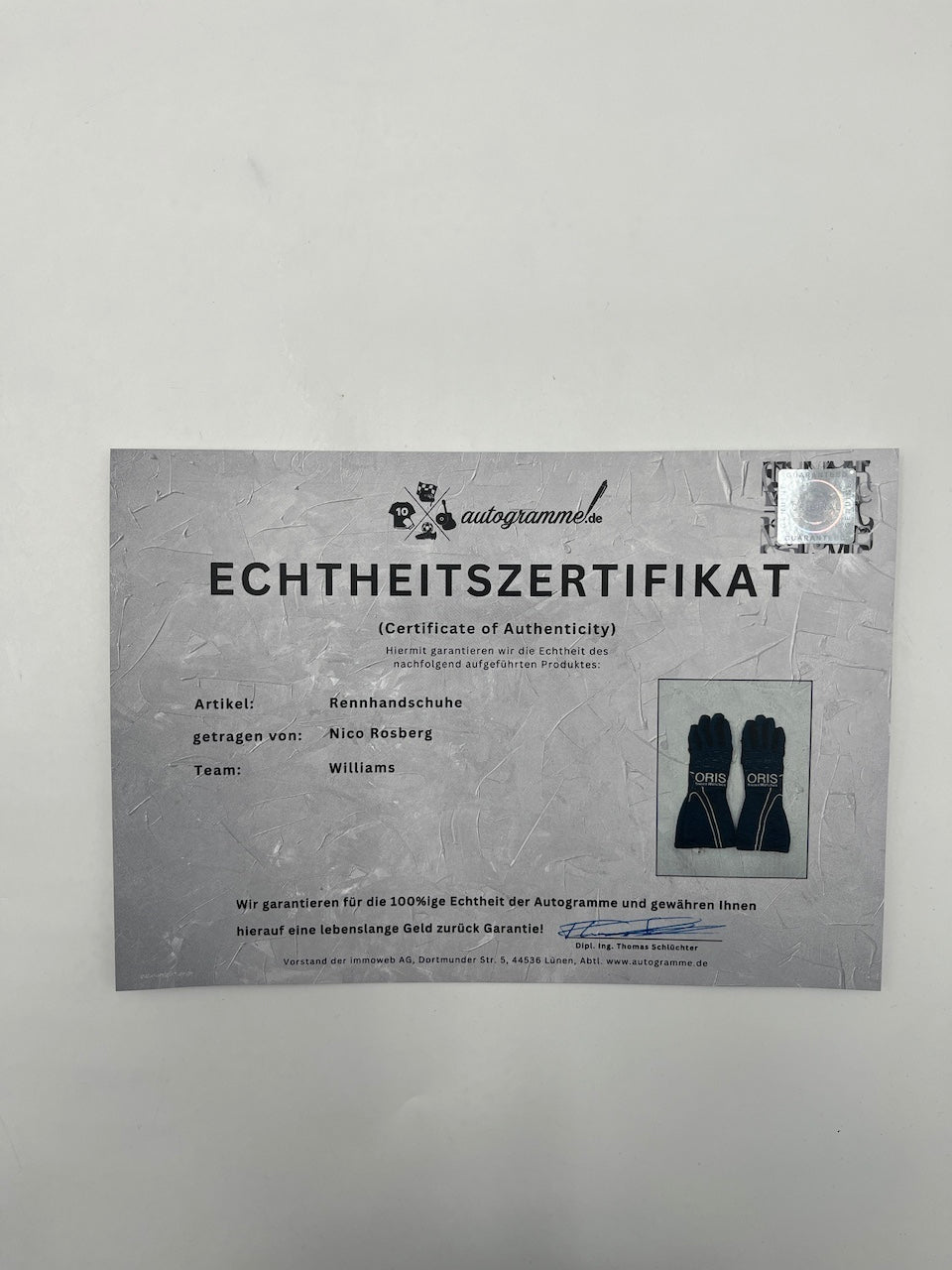 Nico Rosberg original getragene Fahrerhandschuhe Williams Formel 1