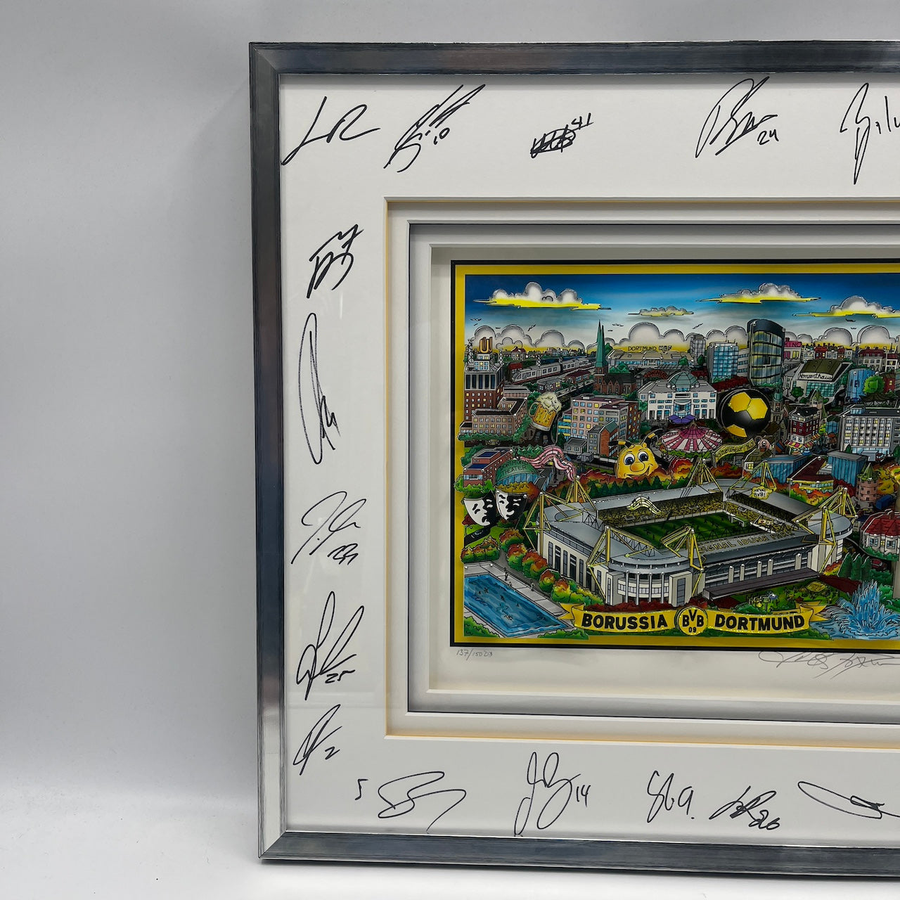 Charles Fazzino 3-D "Borussia Dortmund" Kunstwerk Teamsigniert BVB im Rahmen