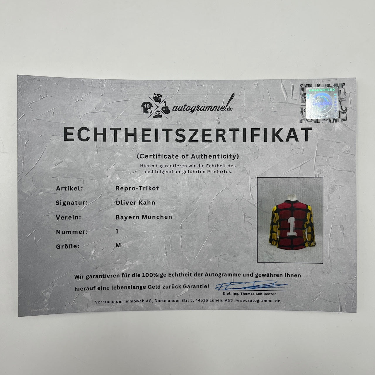 Bayern München Repro Torwart-Trikot Oliver Kahn signiert Adidas FCB COA M