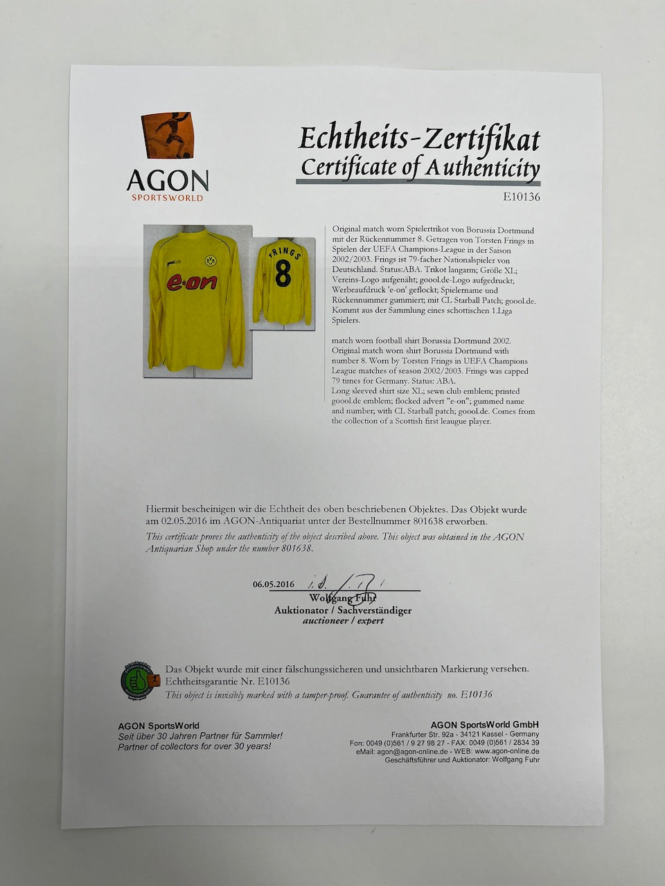 Matchworn Dortmund jersey worn by Torsten Frings 2002/2003 UEFA CL