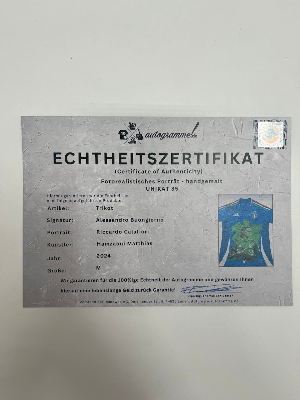 Italien Trikot Portrait Calafiori handgemalt und von Buongiorno signiert Adidas