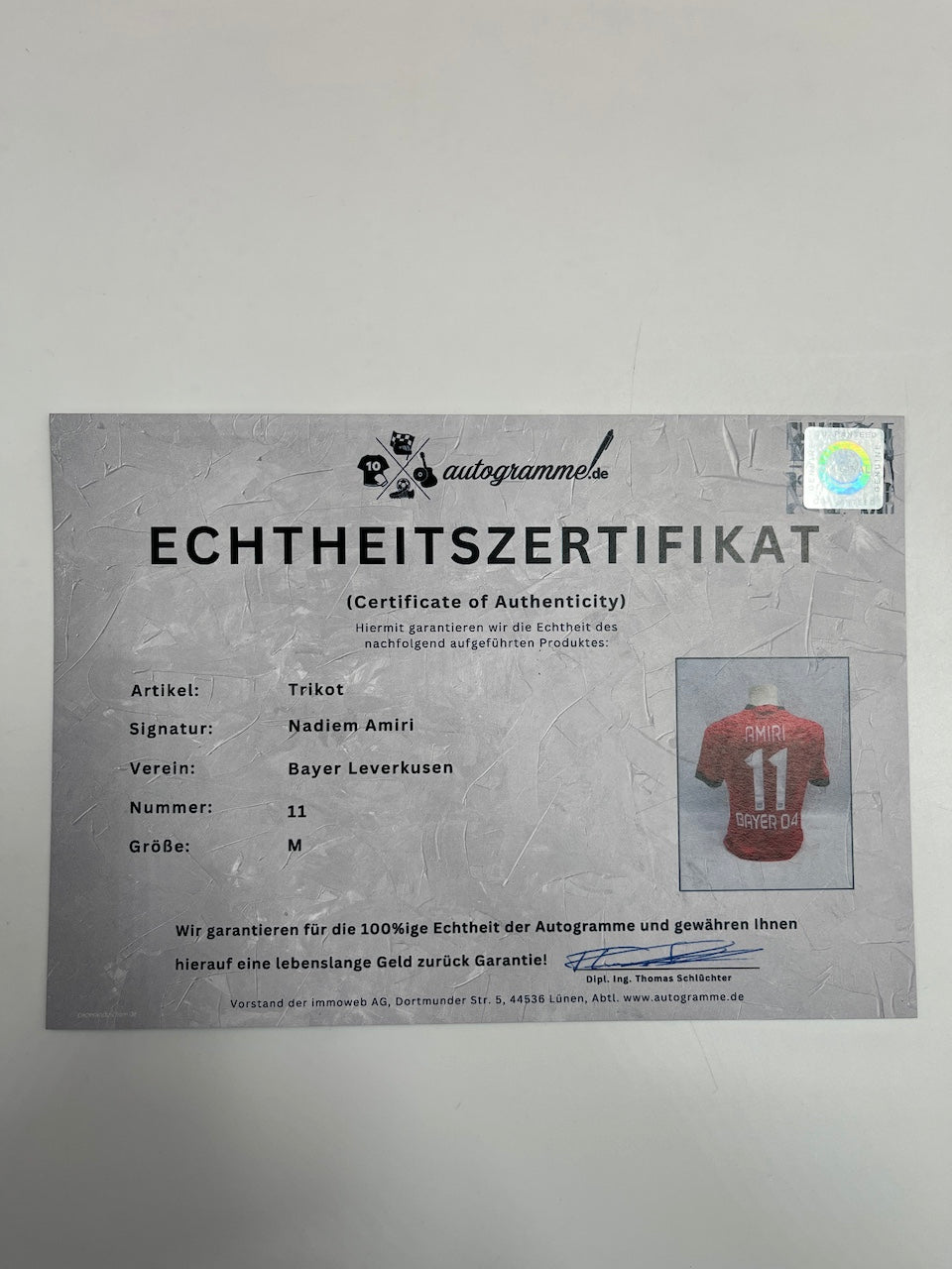 Matchvorbereitetes Bayer Leverkusen Spielertrikot Nadiem Amiri signiert M