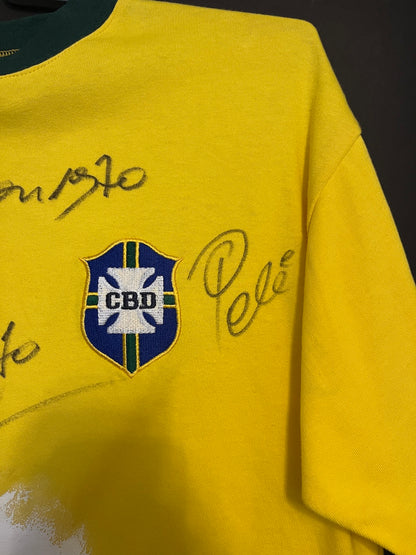 Brazil Repro Jersey Portraits of Pele, Jairzinho, and Alberto, hand-painted and signed