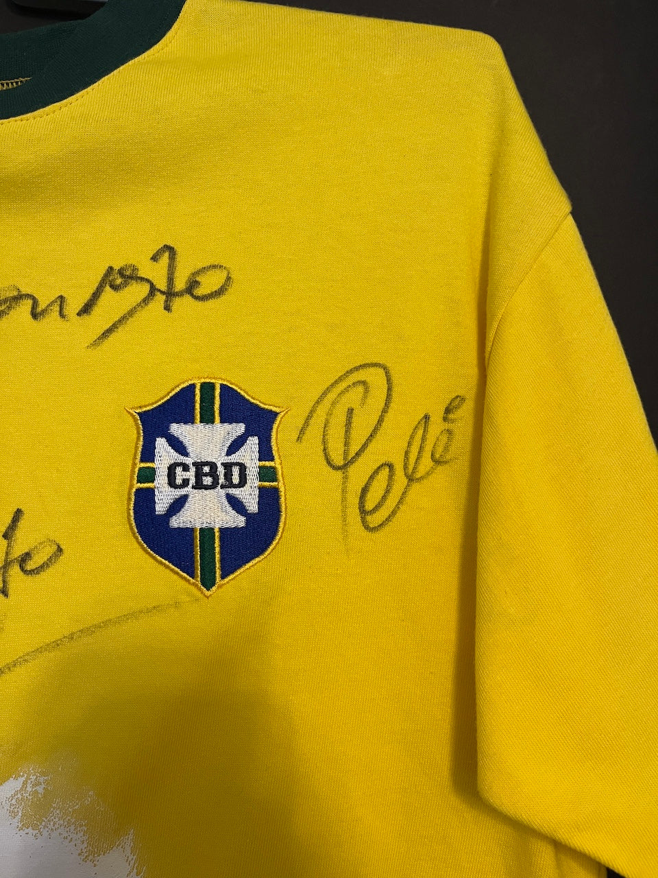 Brazil Repro Jersey Portraits of Pele, Jairzinho, and Alberto, hand-painted and signed