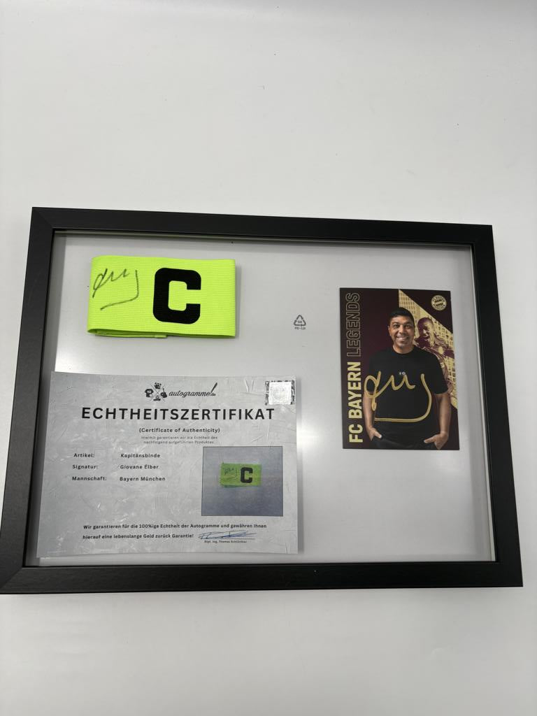 Kapitänsbinde Giovane Elber signiert im Rahmen Bayern München Autogramm