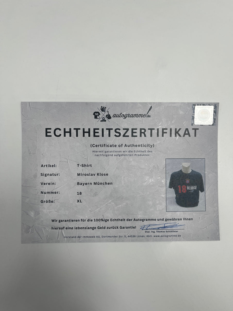 Bayern Munich T-shirt with Miroslav Klose's autographs, Adidas COA XL