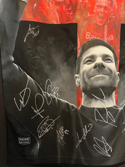 Leverkusen Trikot Portrait Xabi Alonso und Team handgemalt und teamsigniert M