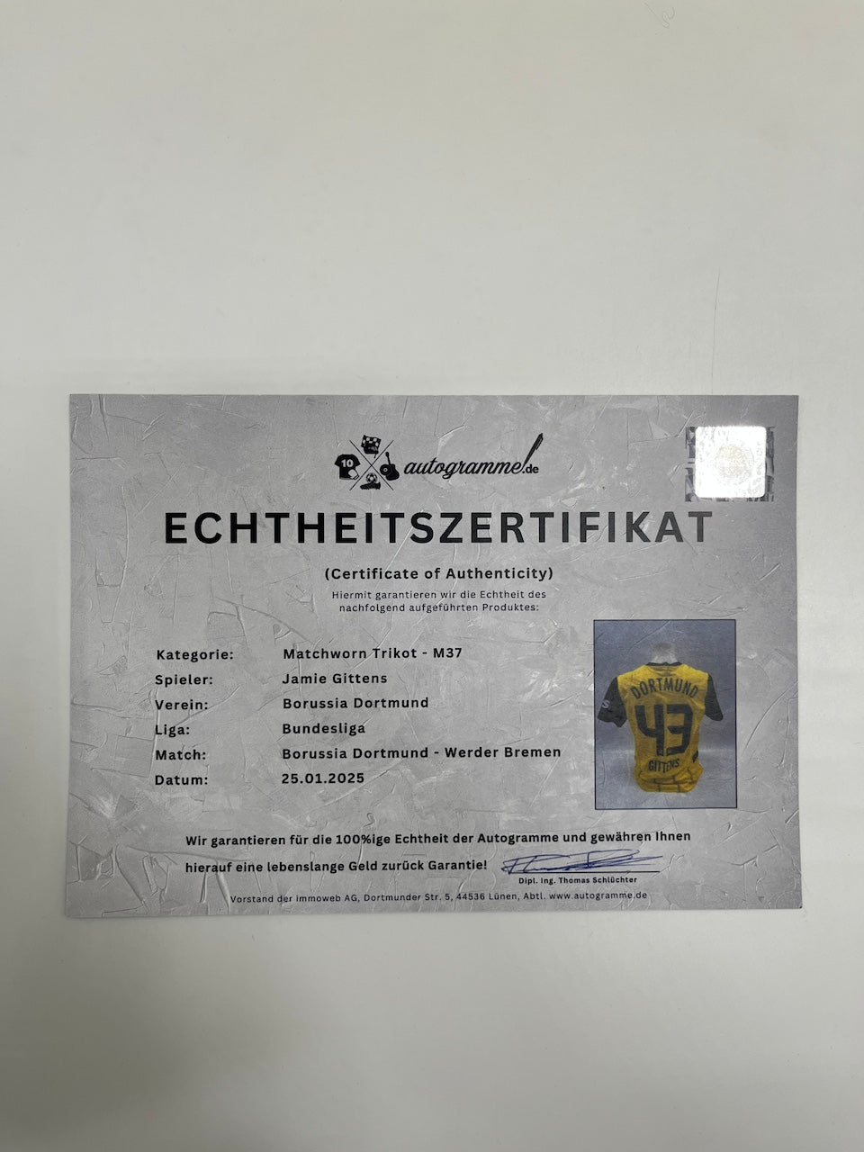 Matchworn Dortmund Trikot getragen und signiert von Jamie Gittens 25.01.2025
