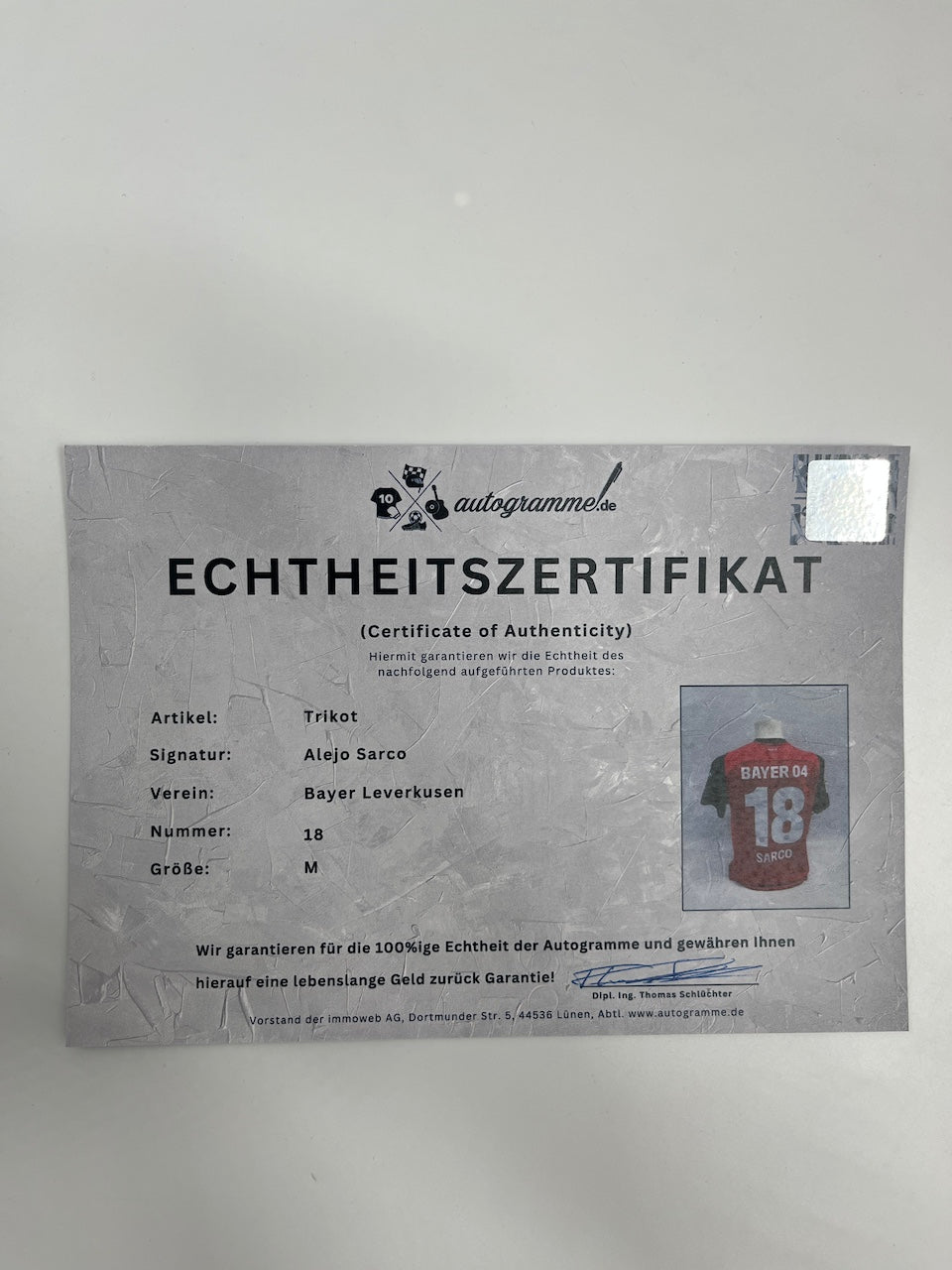 Bayer Leverkusen jersey signed by Alejo Sarco, autographed, Bundesliga M