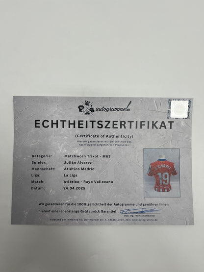 Matchworn Atletico Madrid Trikot getragen & signiert von Julian Alvarez 24.04.25