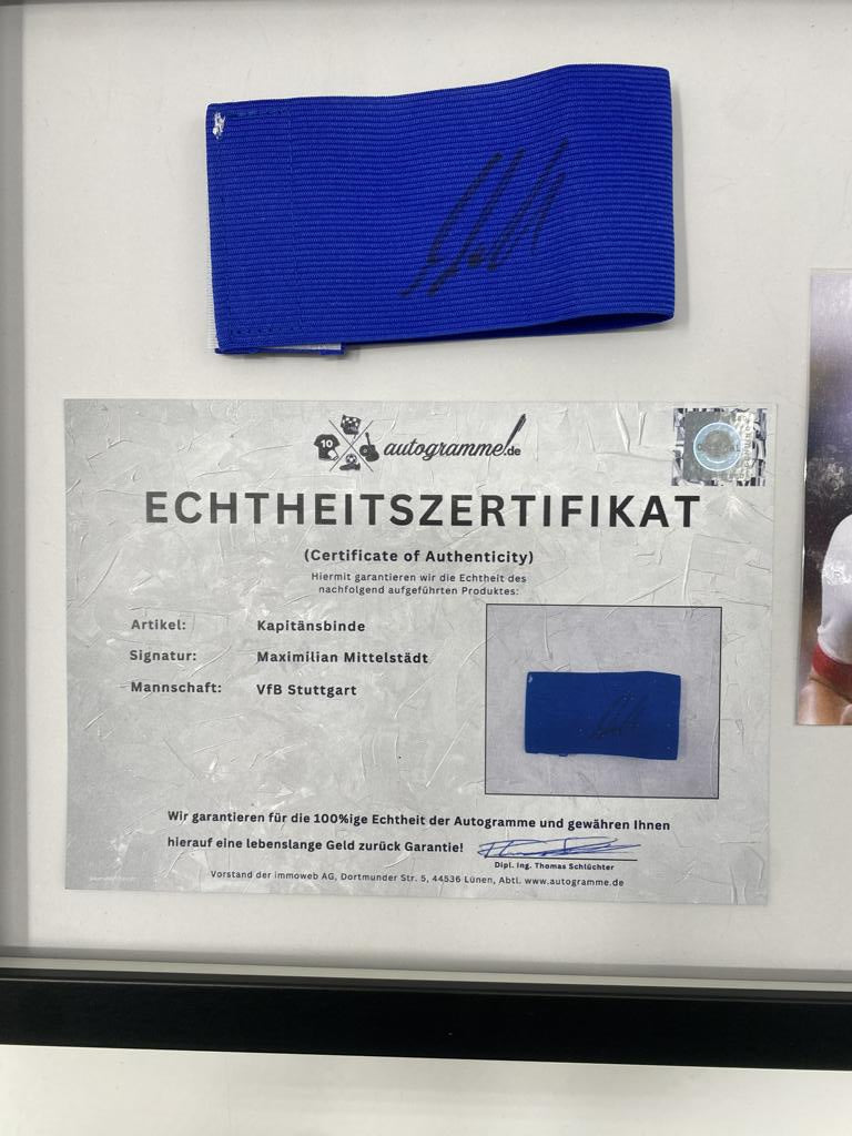 Captain's armband signed by Maximilian Mittelstädt in a VfB Stuttgart autograph COA frame