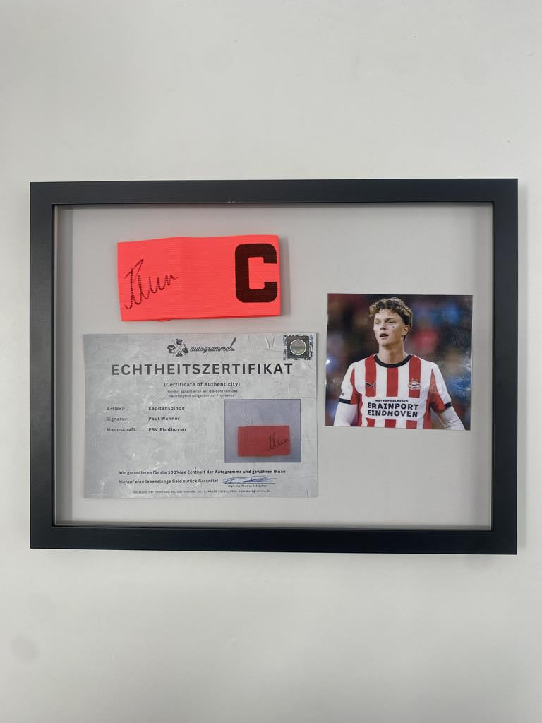 Captain's armband signed by Paul Wanner in a frame PSV Eindhoven autograph