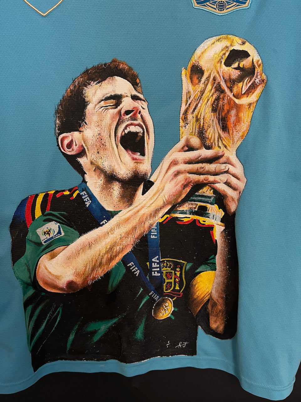 Spain jersey portrait of Iker Casillas, hand-painted and signed, Adidas XL
