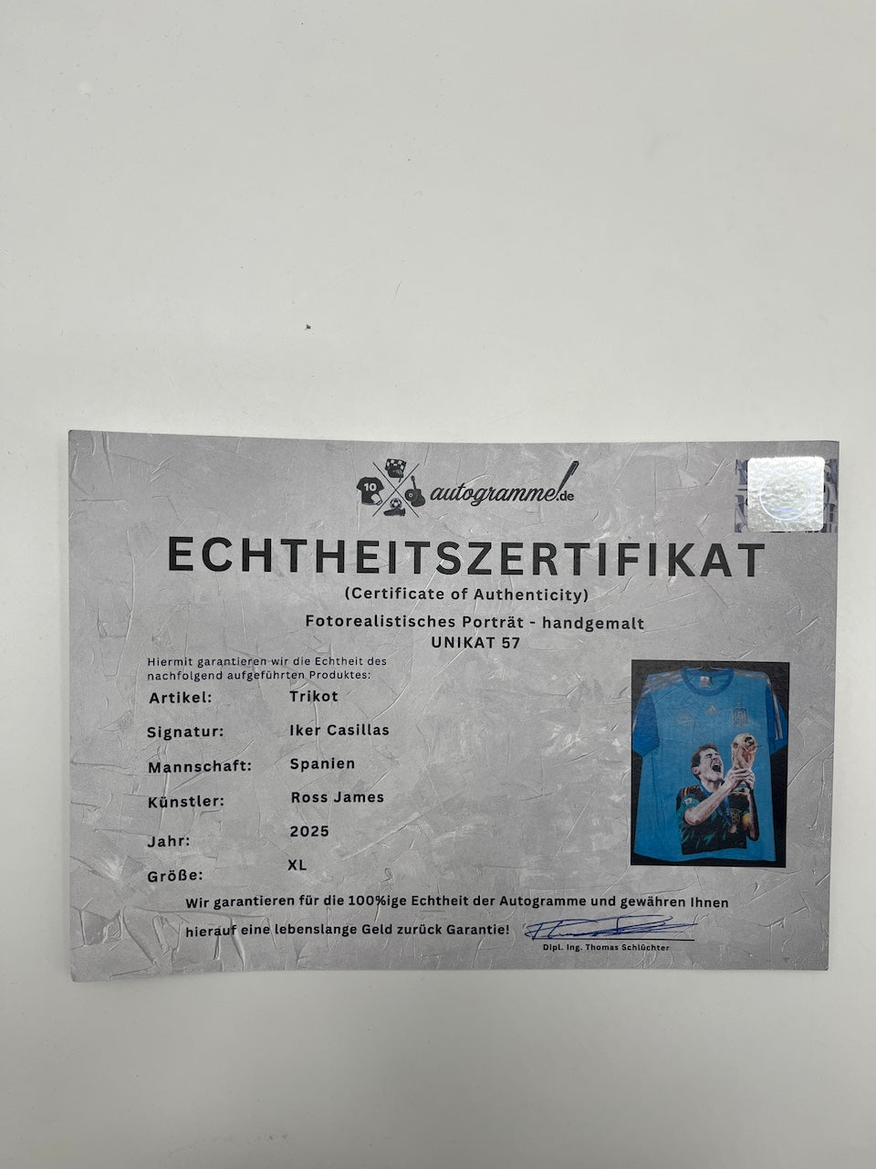 Spain jersey portrait of Iker Casillas, hand-painted and signed, Adidas XL