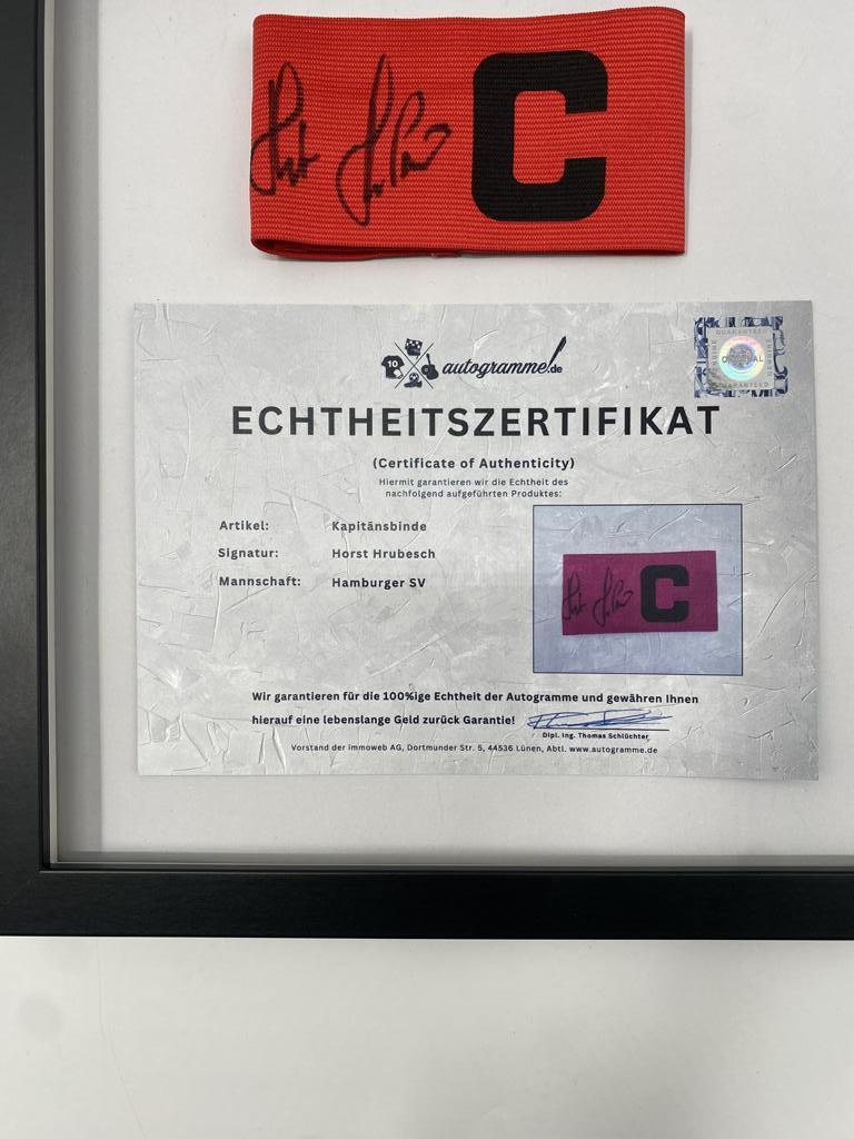 Captain's armband signed by Horst Hrubesch in a frame, Hamburger SV autograph COA