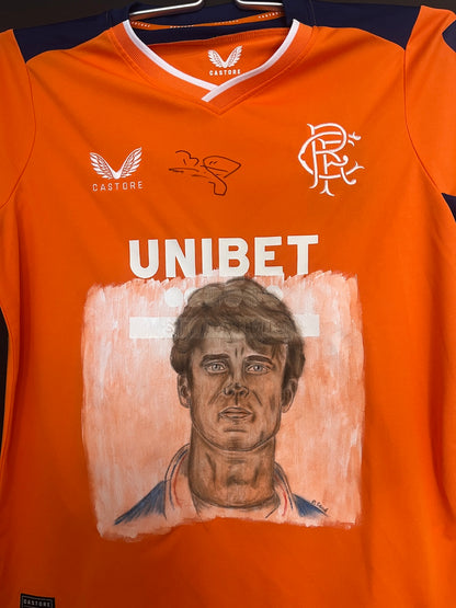 Glasgow Rangers Shirt Portrait Brian Laudrup, hand-painted and signed